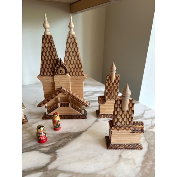 Russian Wooden Church & Matryoshka Doll Set Handcrafted Souvenir Decor Art. St.